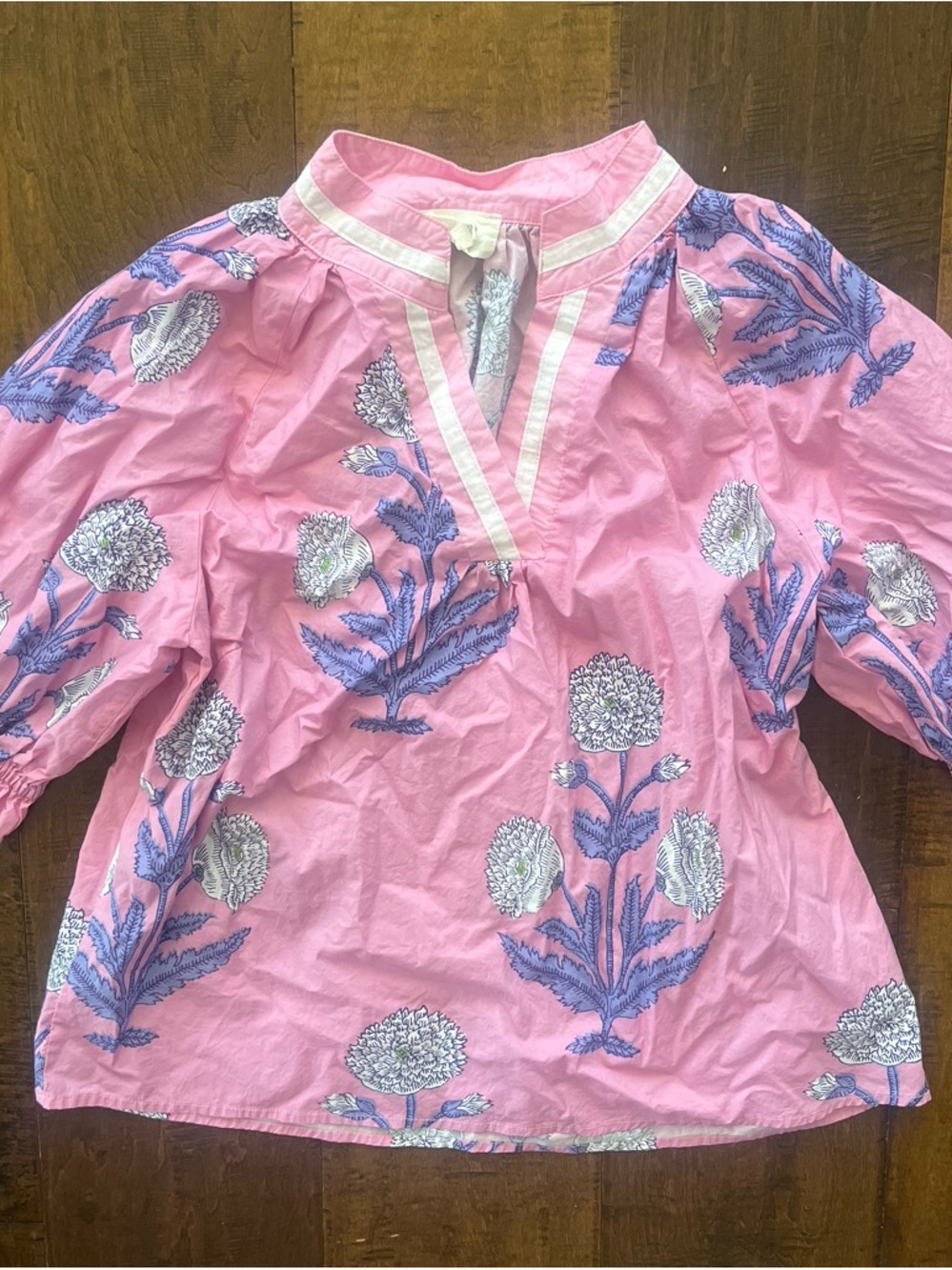 Umgee pink floral block-print bohemian loose fit cotton blouse. Sz. S